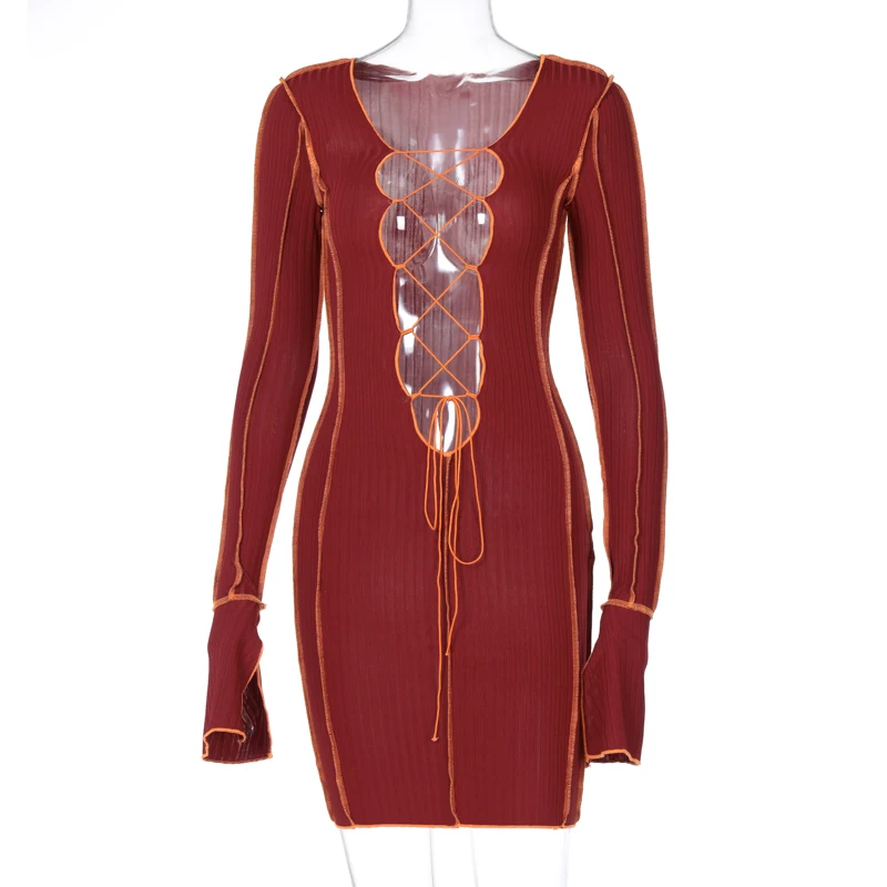 

Party Clothing Vestidos 2021 Long Sleeve Hollow Bandage V-neck Sexy Mini Dress Fall Winter Women's Fashion Street Clothing Set