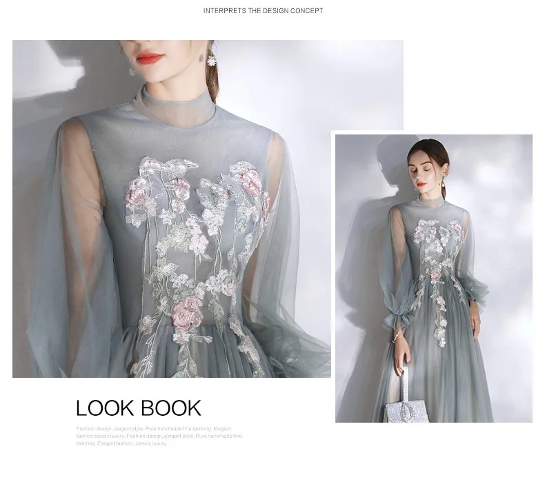 

Grey Blue High Neck Tank Sleeve Evening Dress A-line Party Prom Dress Embroidery Tulle Lace Applique Wedding Maid of Honor Gowns