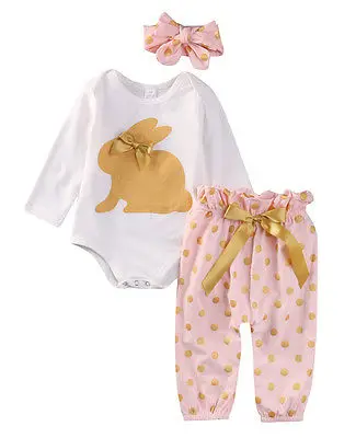 

Newborn Infant Baby Girls Clothes Set 3pcs Cute Princess Fashion Gold Rabbit Long Sleeve Bodysuit Tops Dot Bow Pants Outfit