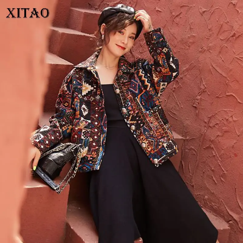 XITAO винтажная куртка с принтом Женская мода Новинка 2019 осень один нагрудный