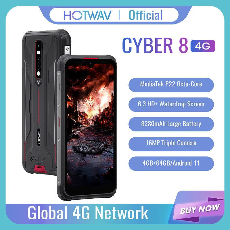 HOTWAV CYBER 8 Global Version Mobile Phone 4GB 64GB Waterproof 8280mAh 16MP Camera 6.3 Inch NFC Android 11 Rugged Smart Phone (0)