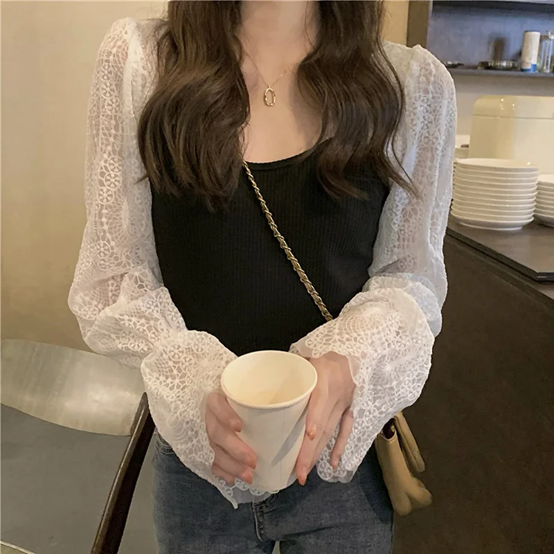 

BETHQUENOY Bluzka Damska Chemise Femme Lace Patchwork Square Neck Shirts Blusas Camisas Mujer Vintage Knitted BLouses Tops Women