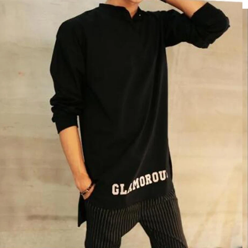 

European and American Style Original Tide Men's Collar Long-sleeved Thick Large Size T-shirt Short Before Long Autumn and Winter