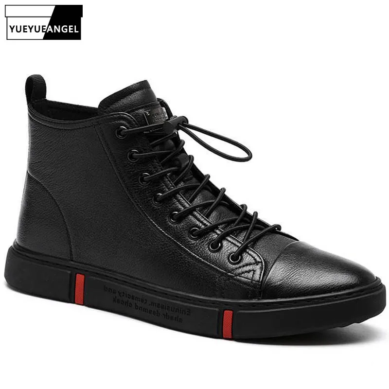 

Кроссовки мужские из натуральной кожи, Уличная Повседневная обувь, дышащие высокие кеды с резинкой на плоской подошве, стиль хип-хоп, черные