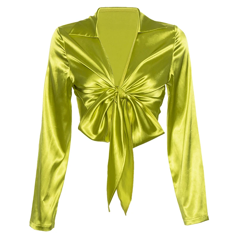 

kywommnz Women Sexy T-shirt V-neck Long-sleeved Lace-up Waist Satin Fashion Streetwear Top T Shirt summer 2021 E1806