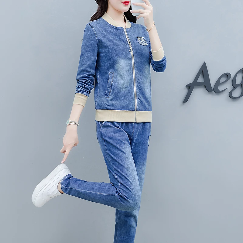 Женский джинсовый костюм из двух предметов повседневный большого размера весна