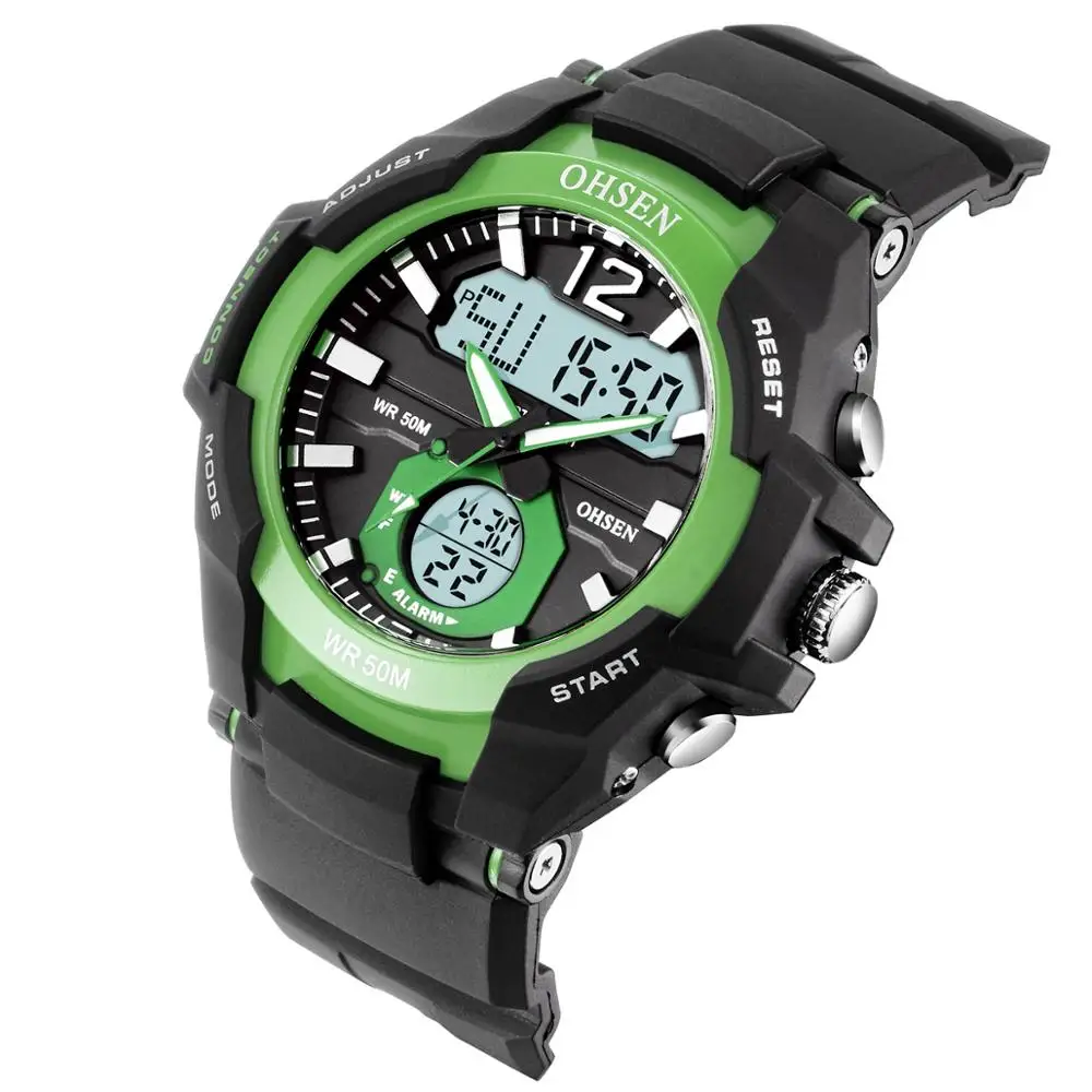 OHSEN водонепроницаемые цифровые кварцевые мужские часы Модные Зеленые армейские