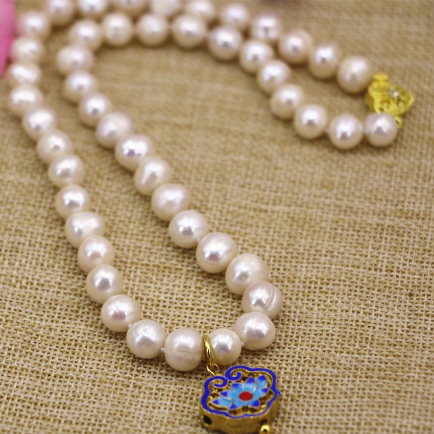 Природный 9-10 мм белый пресноводный жемчуг бусы колье серьги золото-цвет