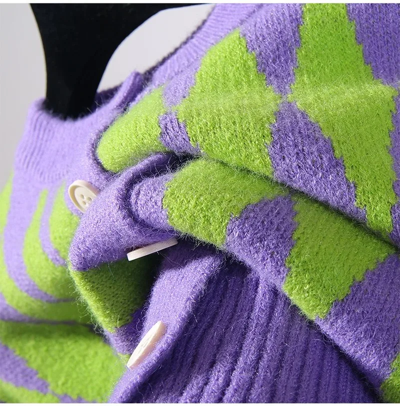 

Spring Autumn Knitted Female Cardigan Korean fashion Diamond Plaid Retro Sweater 2021 New Women Jacket Cute Wool Cardigan Slim