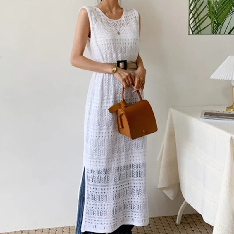 

Женское ажурное Тканое платье без рукавов, с круглым вырезом и внутренним ремешком, лето 2021, Повседневная Уличная одежда, E466