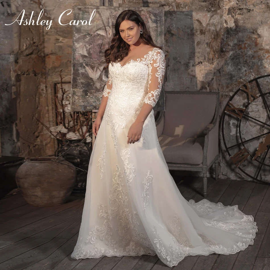 

Ashley Carol Plus Size Wedding Dress 2023 Romantic Sweetheart Half Sleeves Appliques Lace Sheath Bridal Gown Vestidos De Novia