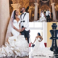 sweetheart mermaid wedding dresses bridal gowns cascading ruffles tiered cathedral train plus size african nigerian fishtail rob