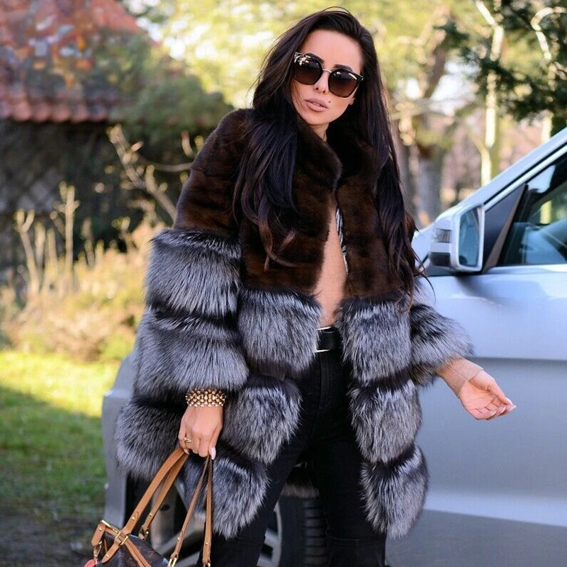 

Whole Skin Mink Fur Jackets With Silver Fox Fur Cuff And Bottom Luxury Overcoats High Quality Women Mink Fur Coats Real Natural