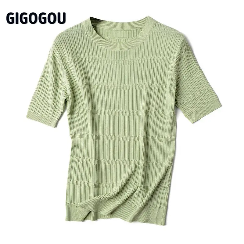 Женская Базовая футболка GIGOGOU однотонная облегающая с круглым вырезом черная