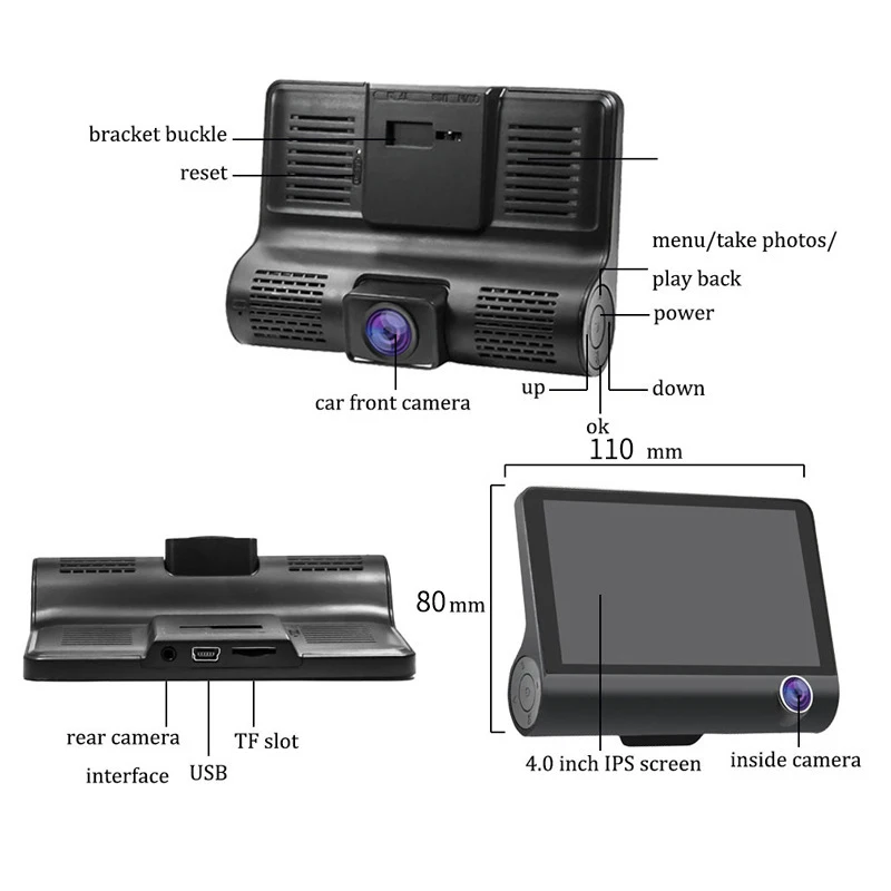 Видеорегистратор скрытый с тремя записями 4-дюймовый видеорегистратор