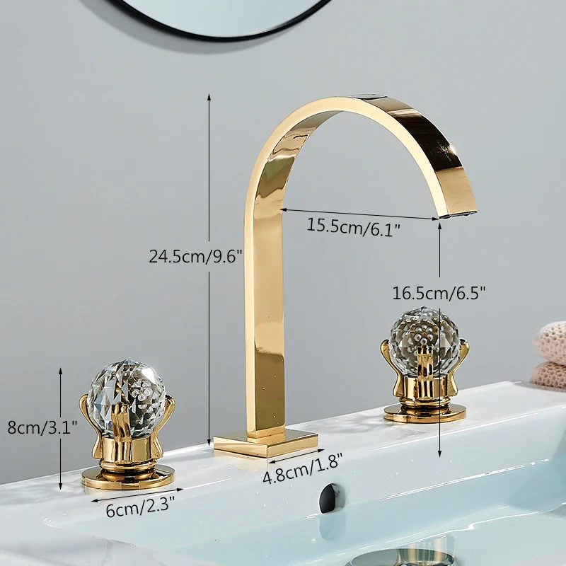 Золотистый смеситель для раковины горячей и холодной воды с тремя отверстиями