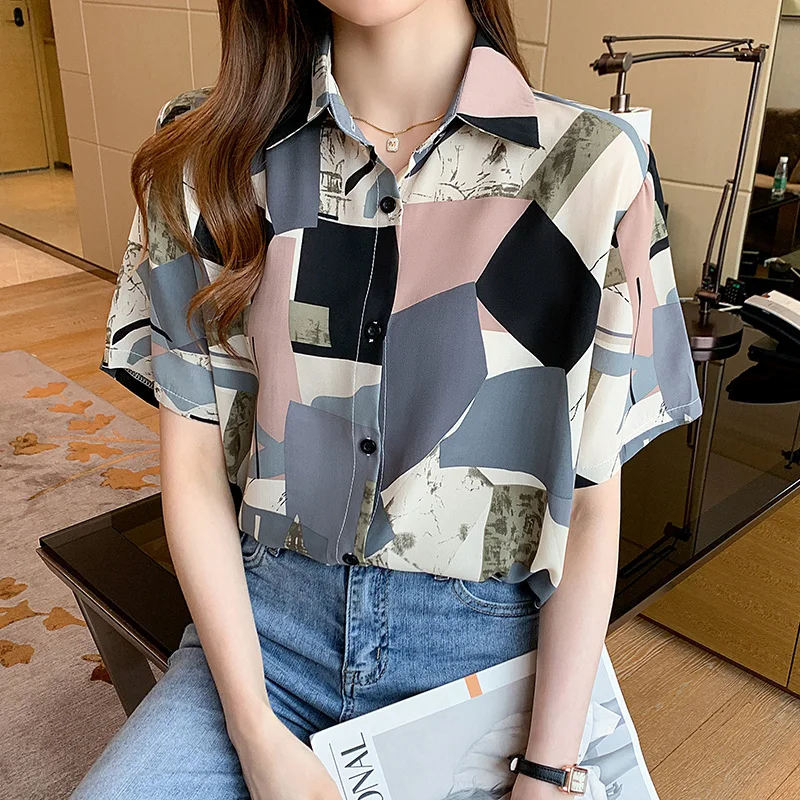 Женская шифоновая блузка в стиле ретро с геометрическим принтом повседневная