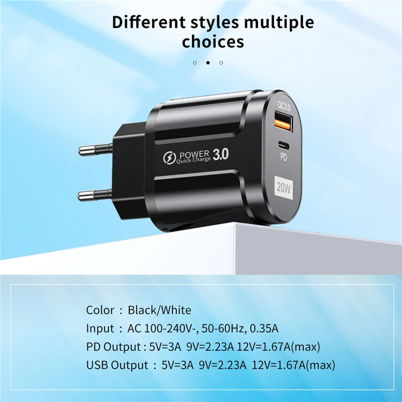 

USLION 20W USB PD Quick charger QC3.0 USB Fast Charging For iPhone Xiaomi Samsung the phone mobile USB Charge adapter EU US Plug