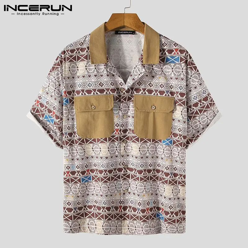 

2021 Men Casual Shirt Lapel Short Sleeve Streetwear Button Print Patchwork Vintage Camisa Tops Summer Men Clothing INCERUN S-5XL