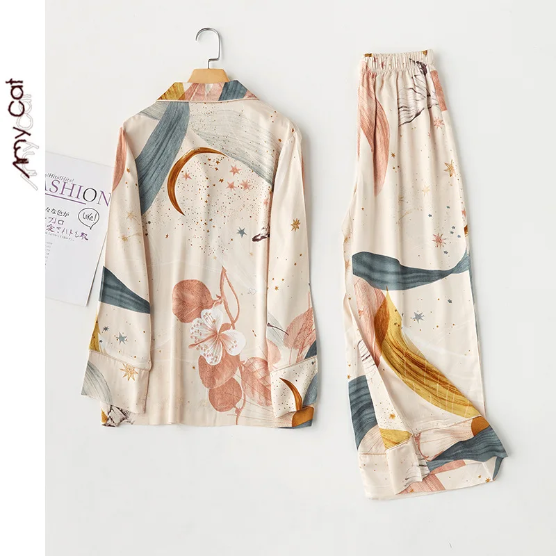 2020 Весна Новые атласная с принтом пижамный комплект из двух предметов длинными