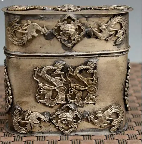 Изысканный китайский старый стиль тибетская серебряная статуя дракона и феникса