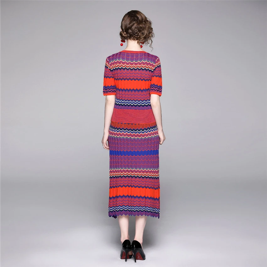

2019 Autumn Women's Knitted Suits 2 Pieces Set Elegant V-neck Vintage Wave Striped Pullover Sweater + Midi Pleated Skirt Suits
