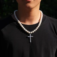 pearl necklace with rhinestone cross pendant for men women
