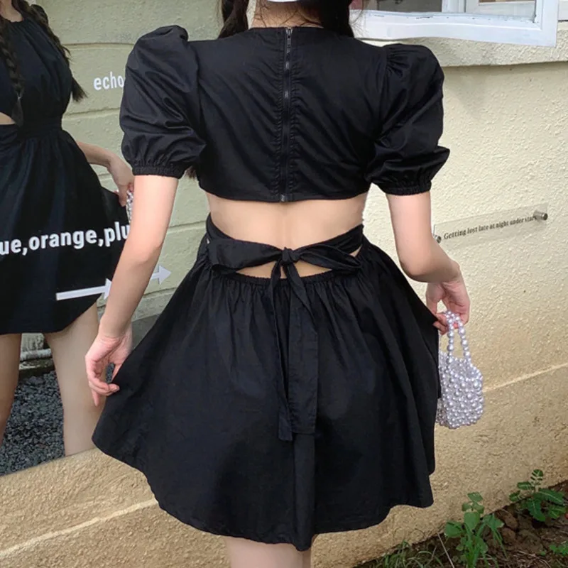 

2021 Summer New Sexy Hollow Out Mini Dress French Vintage Short Sleeve Black Bow Strappy Dress Vacation Party Sukienki Damskie