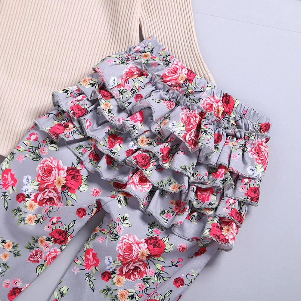 

Cute Baby Clothes Toddler Infant Baby Kids Girl Long Sleeve Romper +Floral Printed Ruffle Pants+Headband Outfits Set