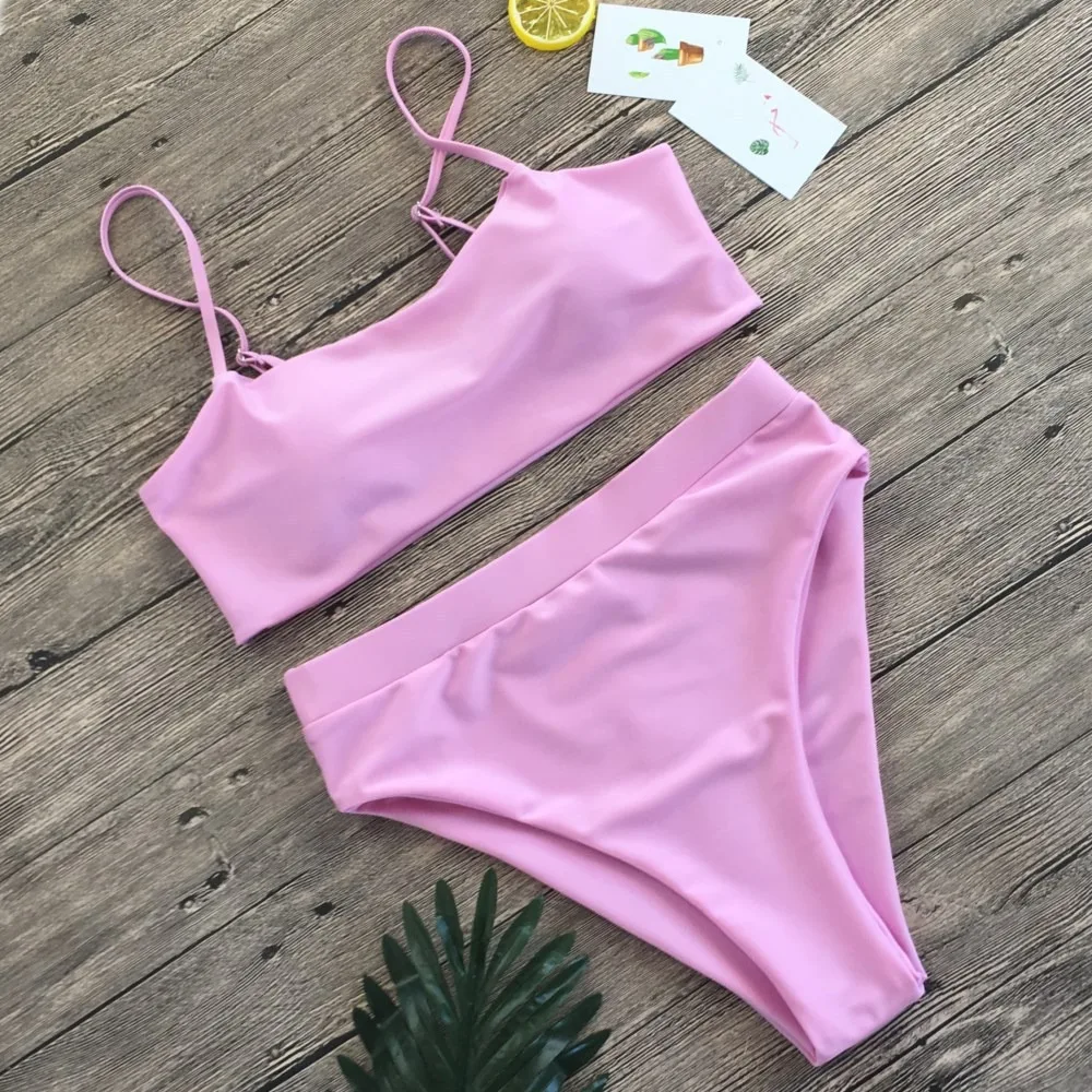 

2021 Bikini Women Swimwear High Waist Strapless Sexy Bikini Pure Color Women Swimsuit Padded Bathing Suit Monokin Dropshipping