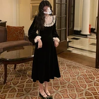 2021french retro black midi dress women elegant one piece dress korean autumn slim lace evening party velvet dress female cute