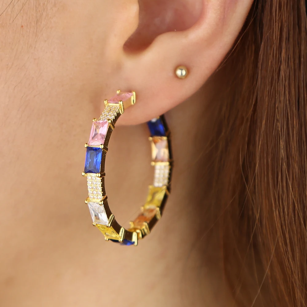 geometric square baguette cz pastel colorful huggie hoop earring stunning trendy women jewelry