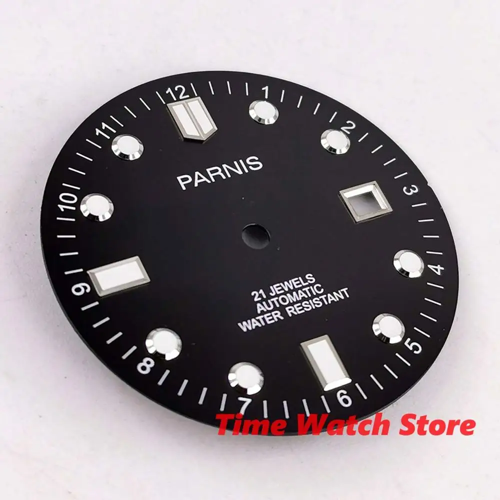 

33mm Parnis Luminous Black Watch Dial Parts Date Window Fit For DG 2813 3804 Miyota 8215 821A movement D173