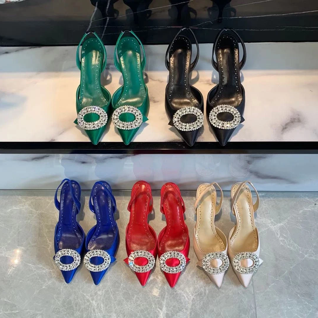 

Elegant Women Pumps Real Silk Satin Point Toe Ellipse Buckle Rhinestone Crystal High Heels Shoes Slip On Wedding Sandals 7.5 Cm