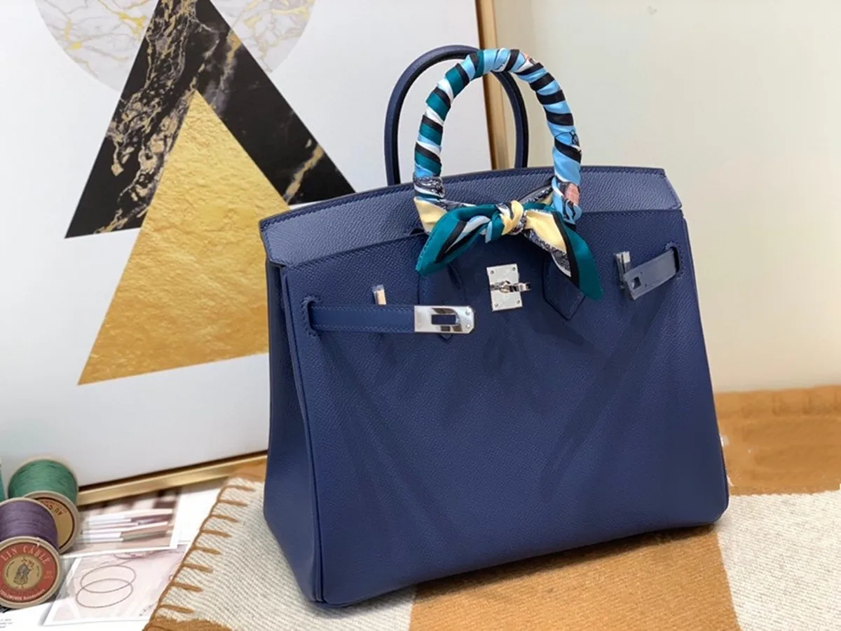 

HANDMADE Blue BRAND Handbag,25CM,LUXURY PURSE,DESIGNERS BAG,EPSOM Leather, Wax line stitiching,Fast delivery