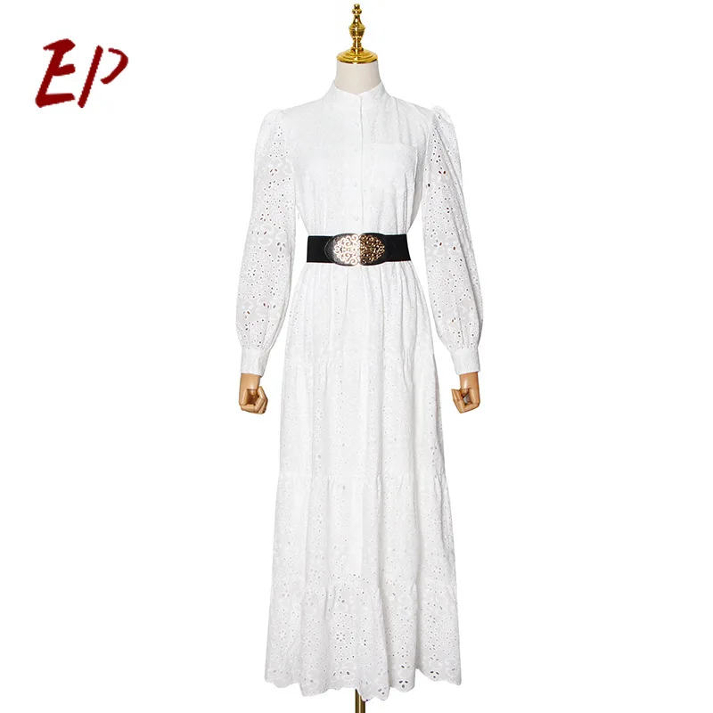 

EP 2021 Spring New Vintage Bodycon Dress Hollow Out High Waist Withe Long Sleeve Dress Female Fashion Clothing