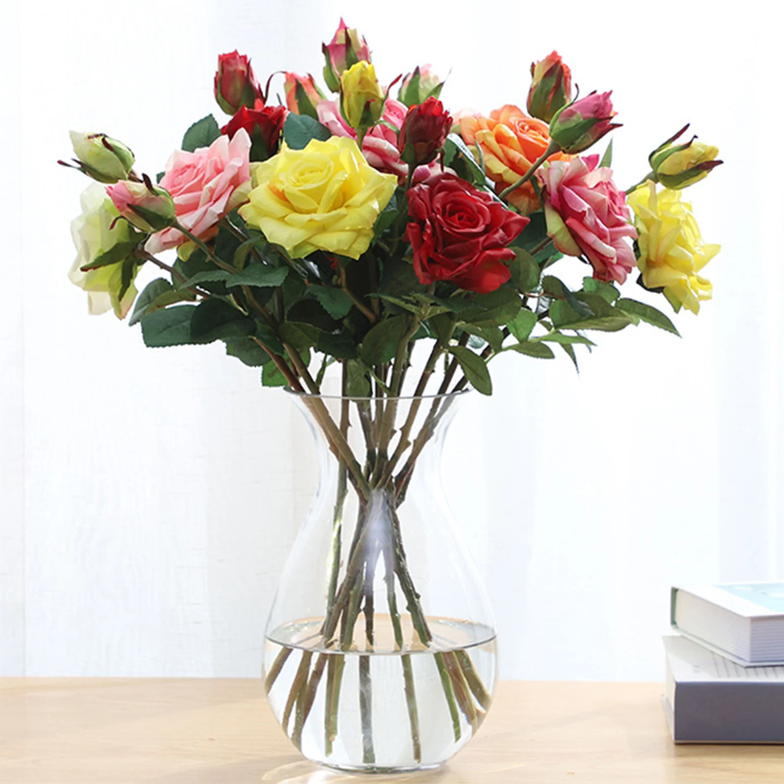 

Feel Curled Fake Rose Silk Artificial Flowers Branch Bouquet Fake Flowers With Green Leaves For Home Wedding Decoration Indoor