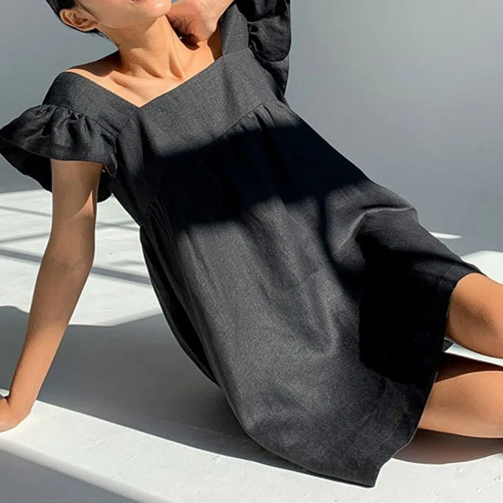 

NIBESSER Casual Square Collar Butterfly Sleeve Mini Sweet Dress Woman Backless High Waist Loose Linen Solid Dress 2021 Summer