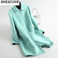 shzq autumn and winter new pure color wool woolen coat womens medium long double sided tweed coat simple commuting