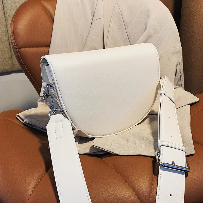 

Vintage Solid color Saddle bag 2021 New Quality PU Leather Women's Designer Handbag Wide shoulder strap Shoulder Messenger Bag