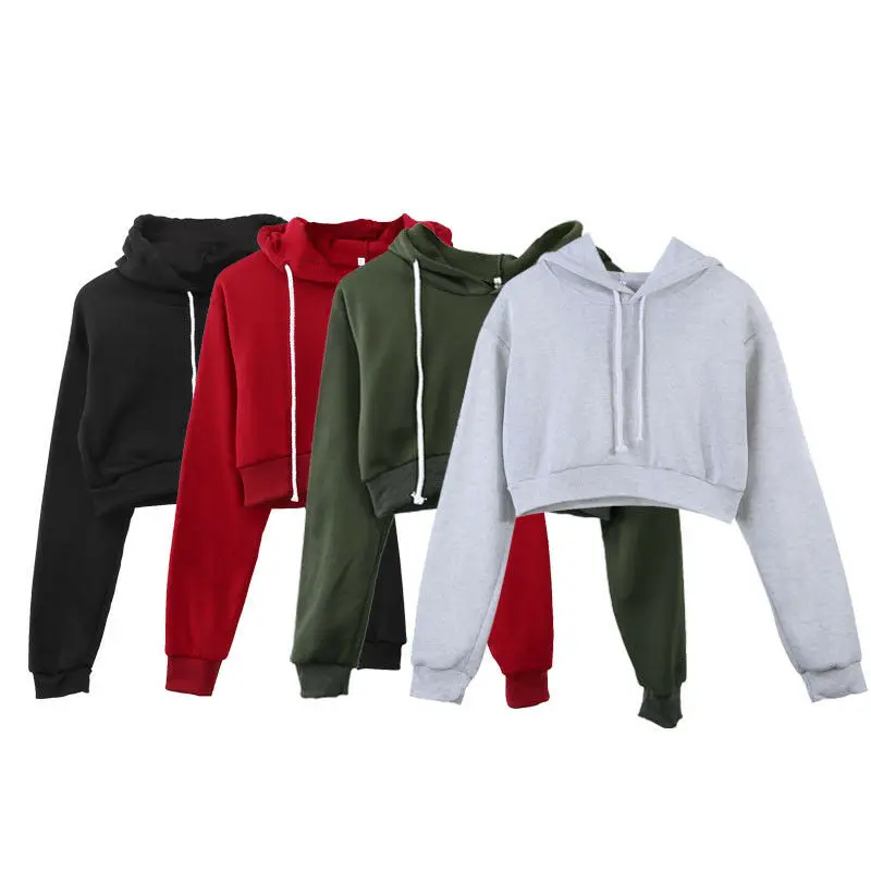Goowrom Autumn New Women's Solid Hoodie Long Sleeve Casual Sweatshirt Sweater Crop Top Pullover Tops