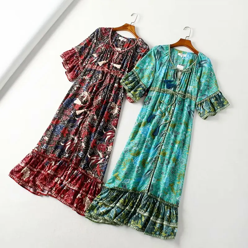 Vintage chic women birds floral print flare sleeve Bohemian rayon cotton maxi dress Ladies v-neck lace-up ruffles Boho vestidos