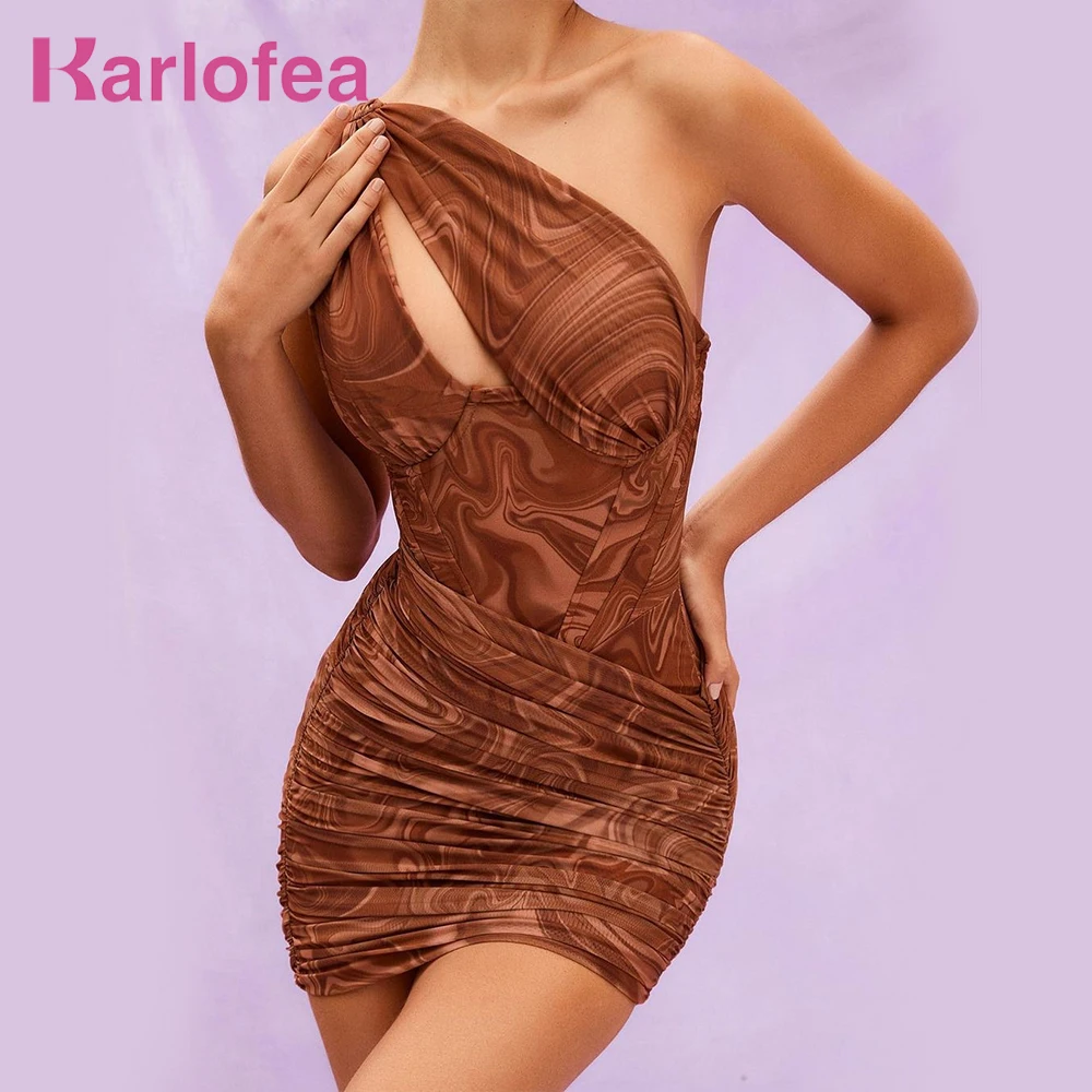 

Karlofea Female Elegant Ruched Bodycon Mini Dresses Outfits Sexy Nightclub Party Robe New One Shoulder Mesh Printed Corset Dress