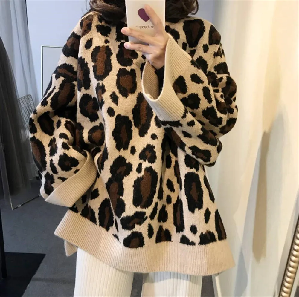 Women Sweater Autumn Winter O-Neck Leopard Print Oversized Loose Knit Casual Pullover Plus Size jumper sweter 35 | Женская одежда