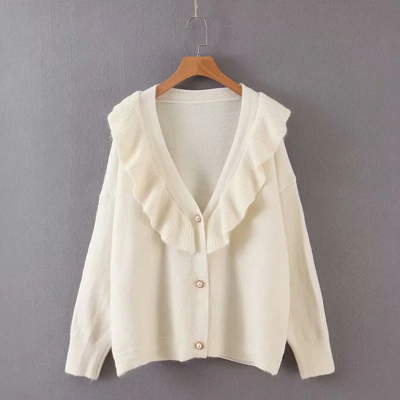 Woah 2019 Wednesday 8-60-9519 European and American fashion lotus leaf cardigan sweater |