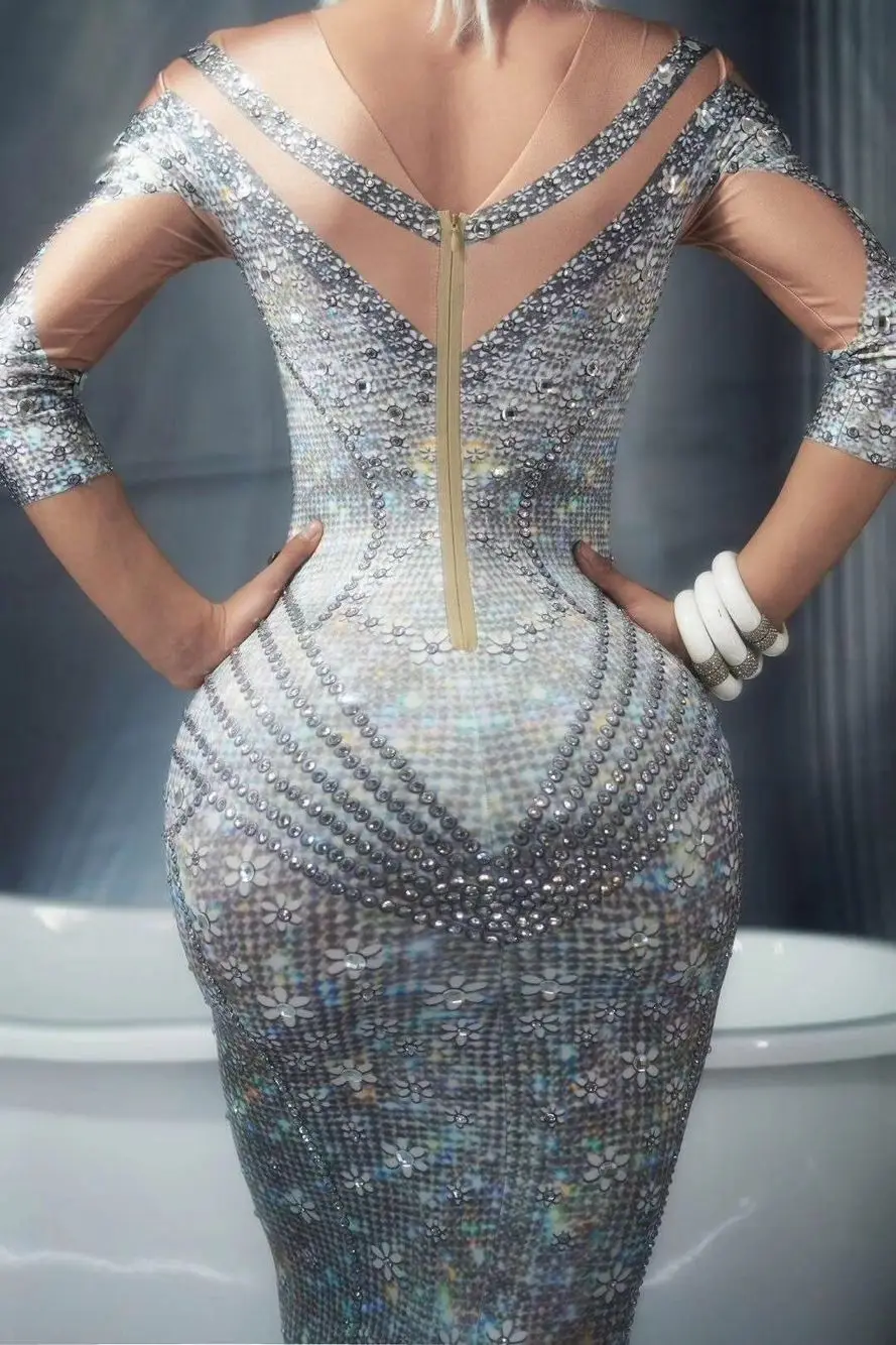 high elastic Full Rhinestones Crystals Performance costume Bar DS Birthday Party Dress | Женская одежда