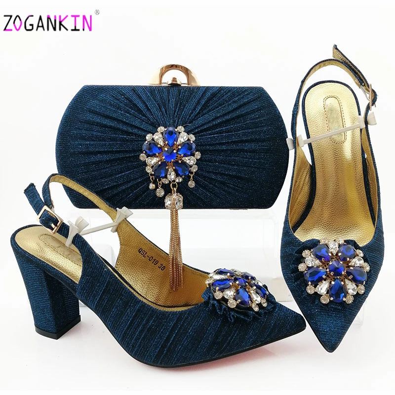Latest Fashion Crystal Silver Color Pointed Toe Sandals And Bag Set African Style Woman Shoes Matching Purse | Обувь