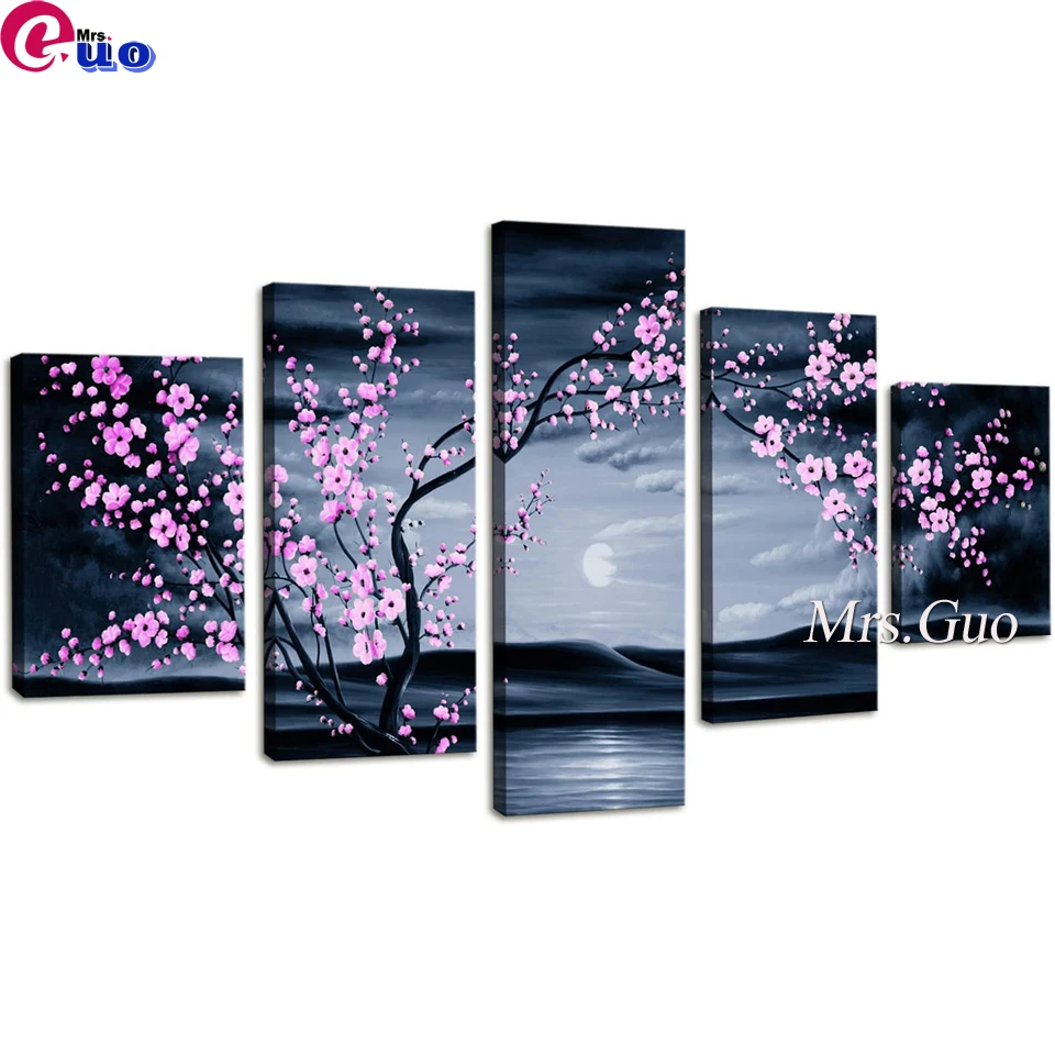 

Diamond Painting Full Square Diamond Embroidery Multi-picture 5 Pieces Set Purple Plum Blossoms Night View And Sea Landscape