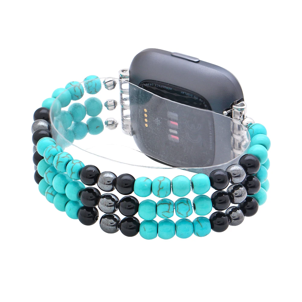 

Vintage Turquoise Elastic Watchbands For Fitbit Versa/Versa 2/Versa Lite Smart Watch Black Beads Handmade Watch Strap Wristband