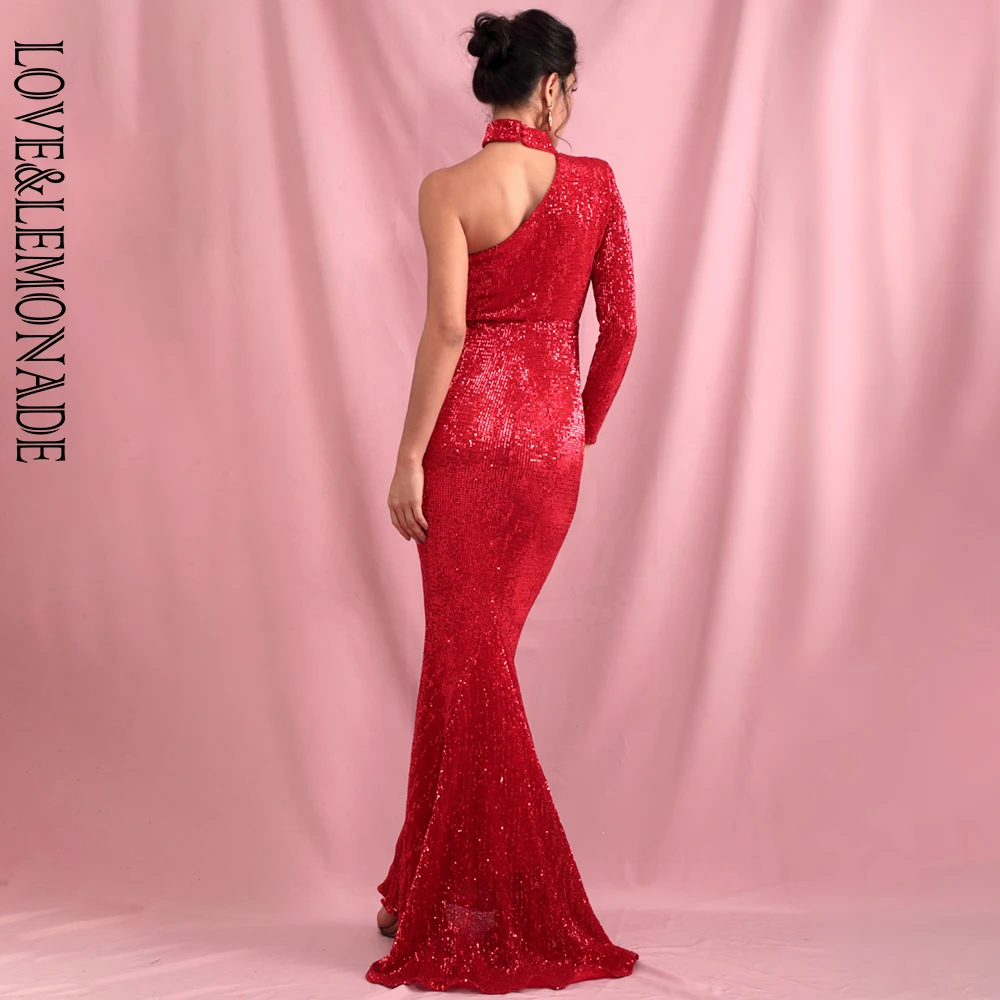

LOVE&LEMONADE Sexy Red Halter Strapless Single Sleeve Elastic Sequins Bodycon Party Maxi Dress LM82191